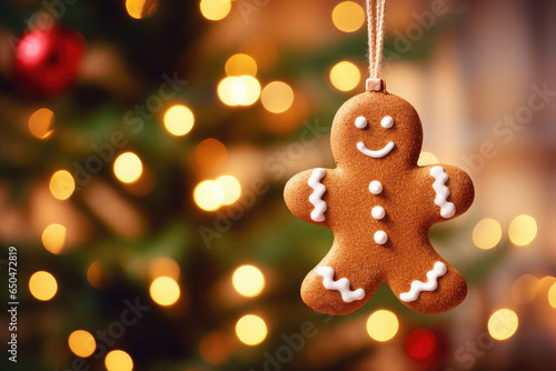 Gingerbread man cookie hanging in decorative Christmas tree, bokeh light background, copy space