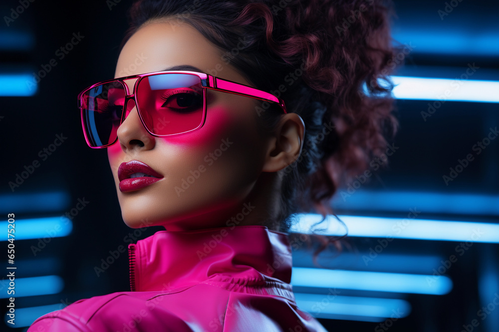 Beautiful woman in pink suit and sunglasses on a background of neon lights Beautiful woman in pink suit and sunglasses on a background of neon lights