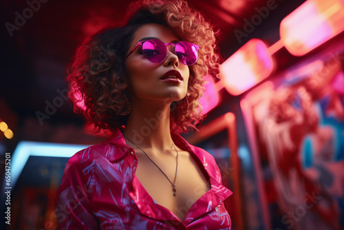 Beautiful woman in pink dress and sunglasses on a background of neon lights © ardanz