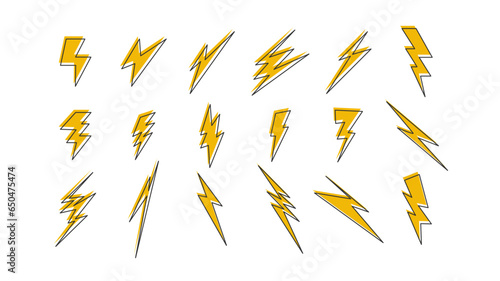 Lightning bolt vector. Set of lightning sign yellow color in cartoon style on white background.  Flash symbol. Vector illustration.