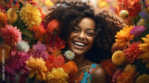 Beauty of a beautiful African woman with a background of colorful flowers.
