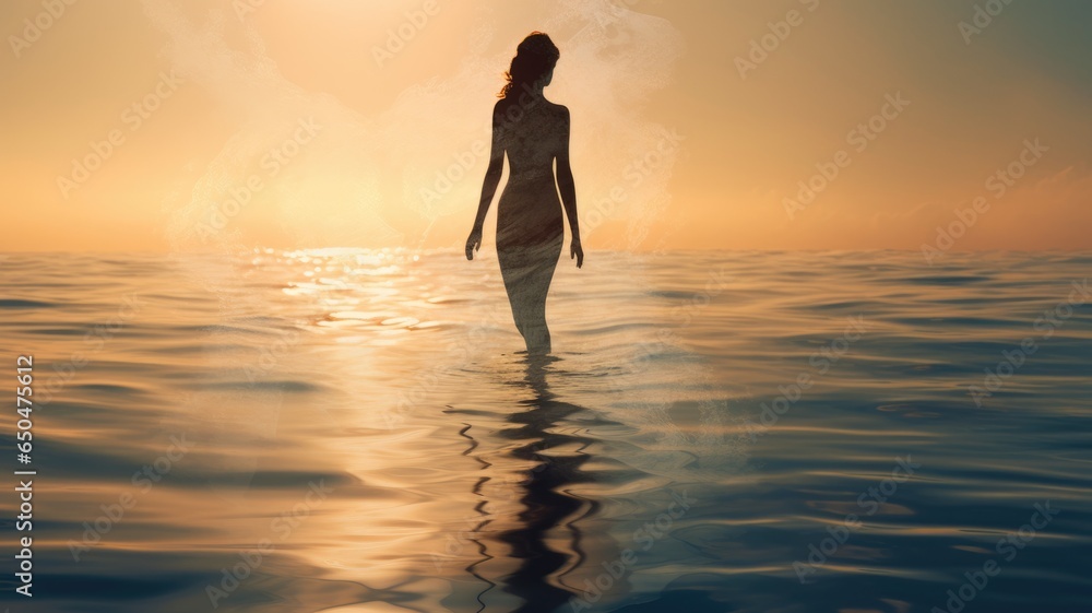 Woman in Yoga Full Body Backlit Pose in the breath taking Ocean. Generative AI image weber.