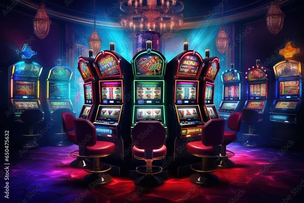 casino slot machines backdrop, banner, Generative AI - obrazy, fototapety, plakaty 