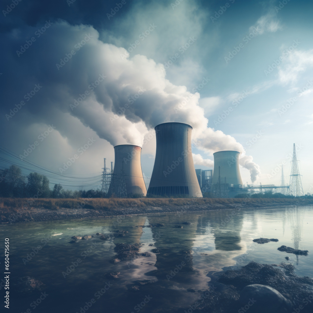 A nuclear power plant with cooling towers emitting
A nuclear power plant with cooling towers emitting