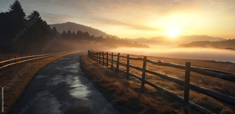 road and foggy field with a wooden fence in sunrise.