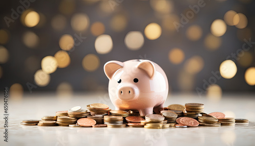 Piggy bank with coins, economic concept.