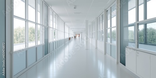 Hospital corridor with windows, in the style of bokeh, light gray, bauhaus, light white, skillful. Generative AI image weber. © Summit Art Creations