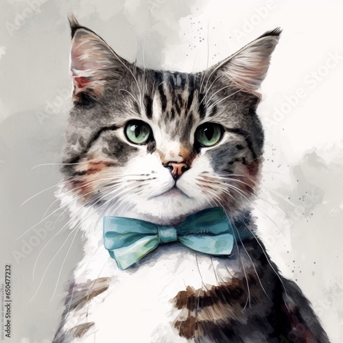 Gray and white cat with a tie painted in watercolor on a light background, handsome male cat with bow tie Image generated with artificial intelligence, AI-illustrated cat © melissa