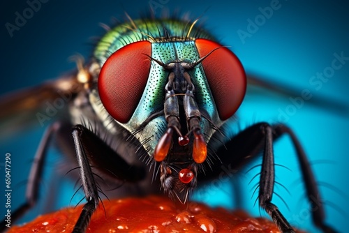 Generative AI : Close up and front view of the red eye of a fly. Blurred background.