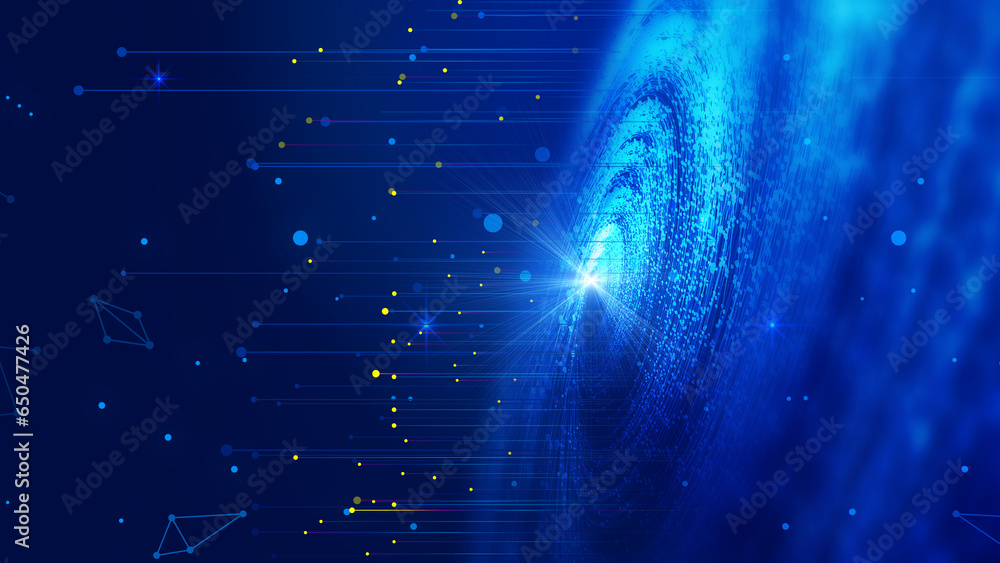 Space blue particle vortex and star ray Internet technology big data background - obrazy, fototapety, plakaty 