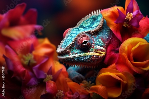 Generative AI   Chameleon on the flower. Beautiful extreme close-up.
