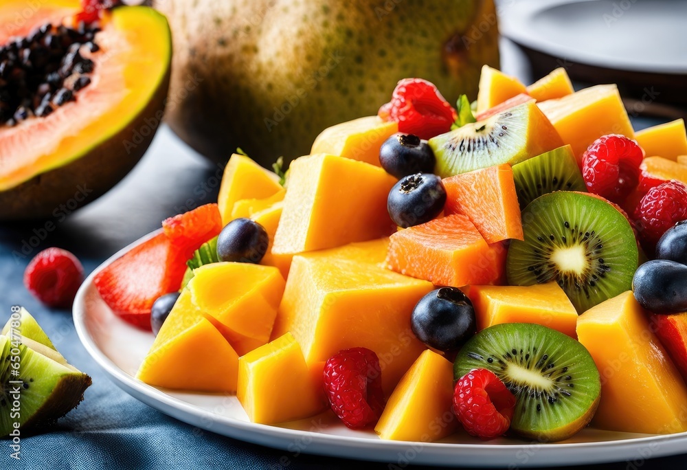 colorful fruit salad with slices of mango, papaya, pineapple, kiwi, and banana colorful fruit salad with slices of mango, papaya, pineapple, kiwi, and banana