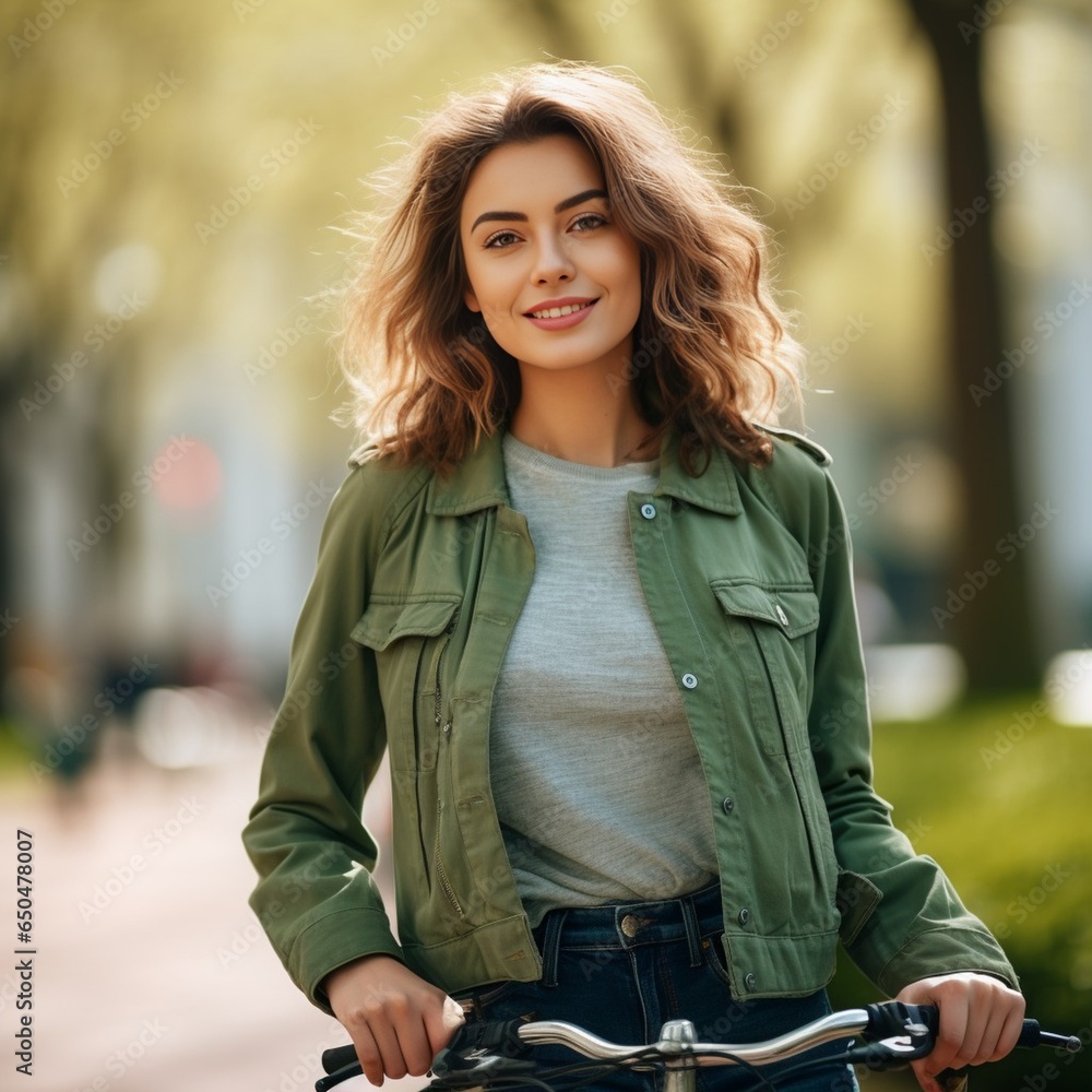 Generative AI : Young pensive dreamful happy woman 20s wearing casual green jacket jeans riding bicycle bike on sidewalk in city spring park outdoors, look aside. People active urban healthy lifestyle Generative AI : Young pensive dreamful happy woman 20s wearing casual green jacket jeans riding bicycle bike on sidewalk in city spring park outdoors, look aside. People active urban healthy lifestyle
