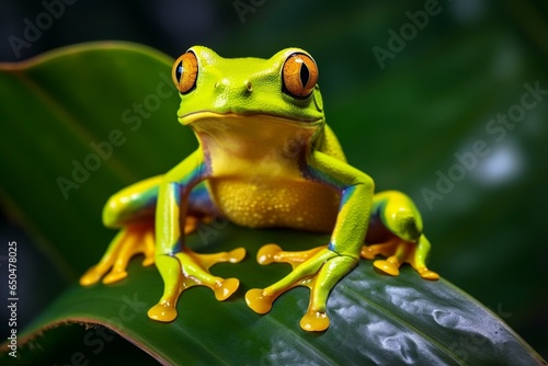 Generative AI : Golden-eyed leaf frog, Cruziohyla calcarifer, green yellow frog sitting on the leaves in the nature habitat in Corcovado, Costa Rica. Amphibian from tropic forest. Wildlife in Central 