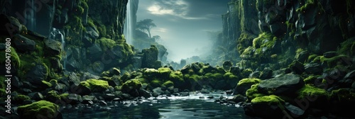 a waterfall surrounded by green moss, generative AI