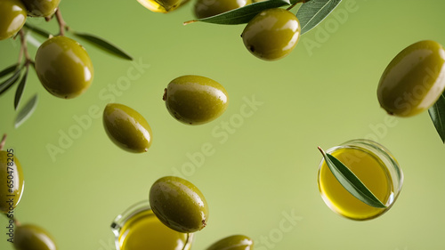 Ai generative Photo Olives and olive oil floating on a green background