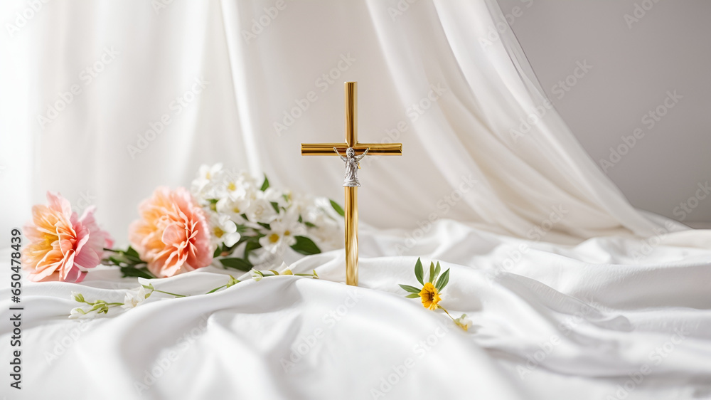 Ai generative Good friday and holy week concept a religious cross and flower on white fabric background - obrazy, fototapety, plakaty 