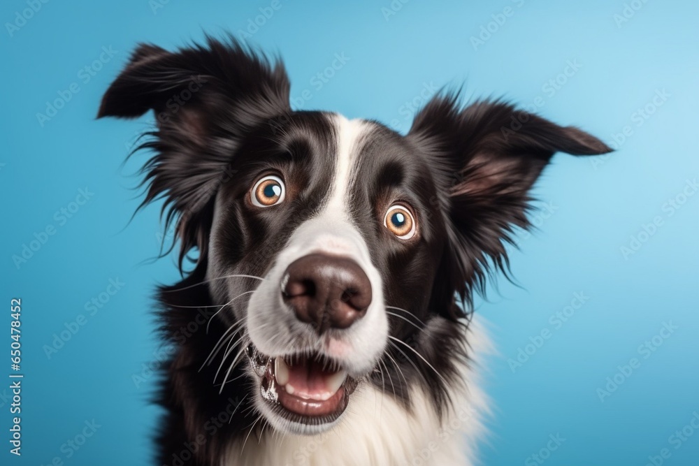 Generative AI : Close-up curious border collie dog looking at camera. Isolated on blue background