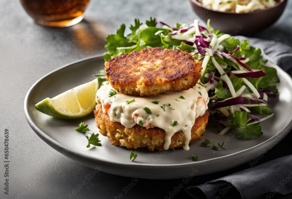 crab cake with coleslaw and remoulade sauce crab cake with coleslaw and remoulade sauce
