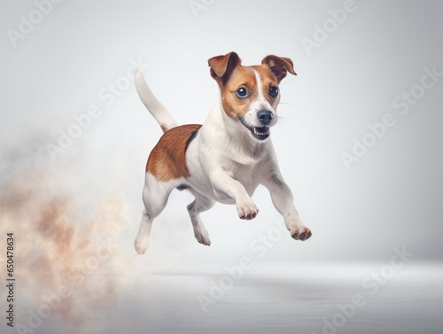 Generative AI : Portrait of cute playful puppy of Jack Russell Terrier in motion, jumping isolated over white studio background