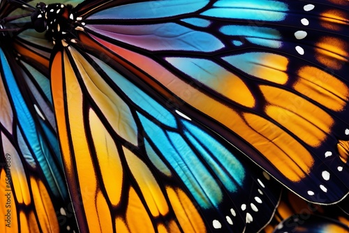 Colorful close-up of butterfly wing. Monarch insect rainbow pattern. Stained glass, Generative AI 
