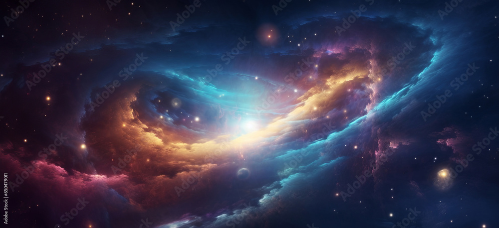 Universe, galaxy, space background. Nebula, planets, starts, suns, and planets colorful wallpaper. Science, astronomy telescope view, Generative AI 