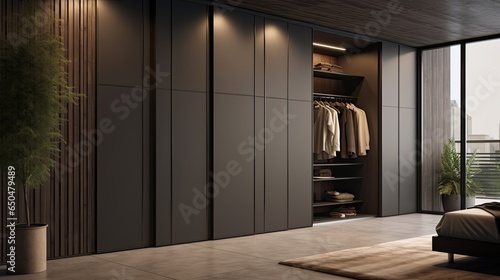 Interior of modern bedroom luxury on gray walls, concrete floor and wooden wardrobe