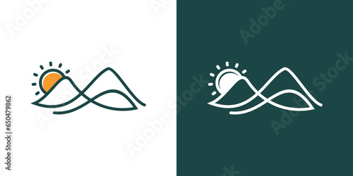 Agricultural Landscape Logo Design with mountain and sun elements, organic farming logo, natural farming, natural beauty