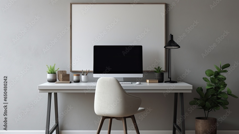 Interior of modern office with white walls, wooden floor and white computer desk. Mock up poster frame. Workplace concept