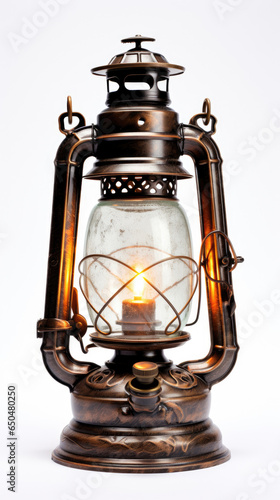 Antique vintage lamp Gas lantern with burning light isolated on white background created with Generative AI Technology