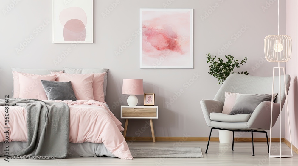 Naklejka premium Modern bedroom interior design with pink pillows and armchairs