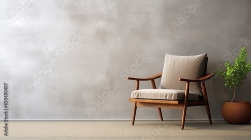 modern living room with armchair and plant on concrete wall background