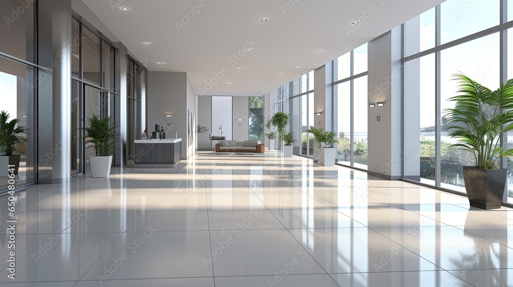 Obraz premium Modern office lobby with large windows. mock up
