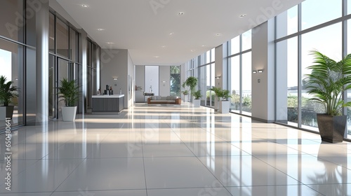 Modern office lobby with large windows. mock up © ffunn
