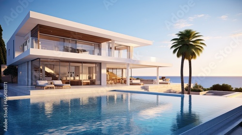 modern cozy house with pool and parking for sale or rent in luxurious style by the sea or ocean at sunset. Clear sky with clouds