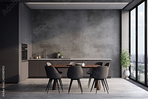 Interior of modern kitchen with gray walls, concrete floor, gray cupboards and round wooden table with gray chairs