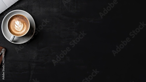 coffee cup and Laptop on black background. Top view with copy space
