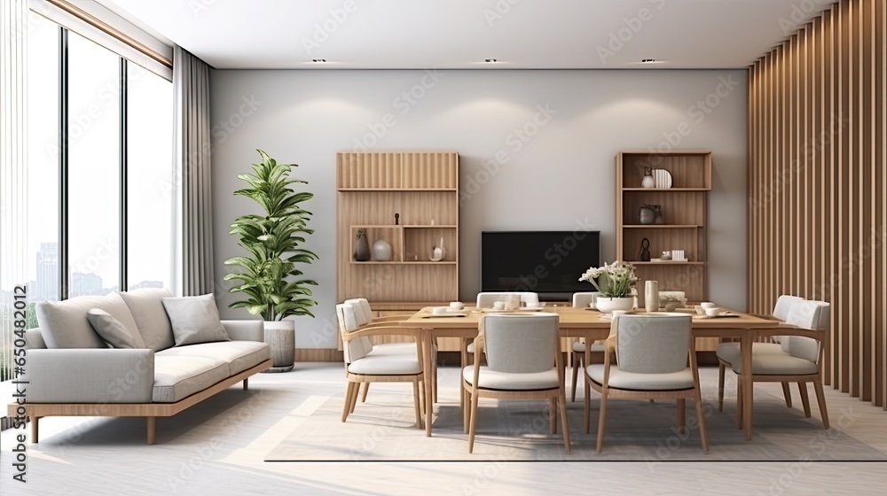 Fototapeta premium Interior of modern living room with wooden wall and sofa with dining table