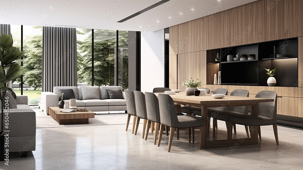 Interior of modern living room with wooden wall and sofa with dining table Interior of modern living room with wooden wall and sofa with dining table