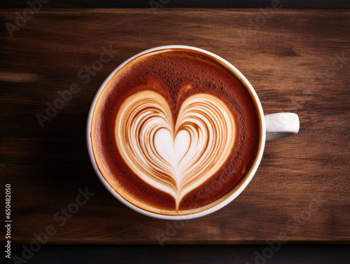 Heart design latte art coffee cup in light orange and maroon wooden bowl on wooden table created with Generative AI Technology