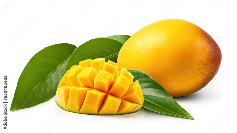 Beautiful ripe juicy mango fruit and other mangoes cut in half on white background created with Generative AI Technology