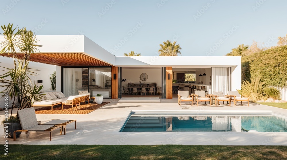 Fototapeta premium Luxury house with swimming pool, view from the terrace