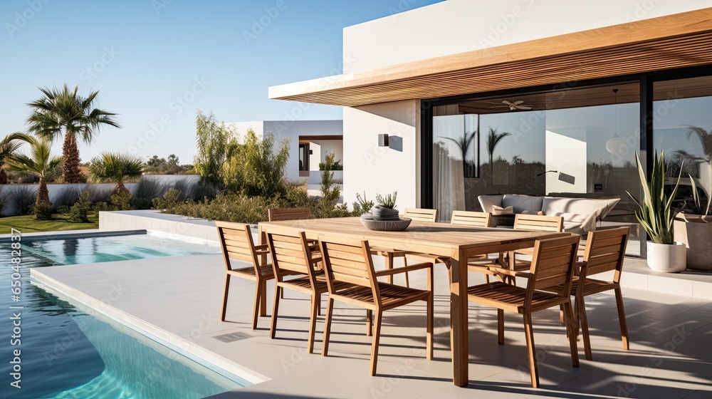 Fototapeta premium Luxury house with swimming pool, view from the terrace