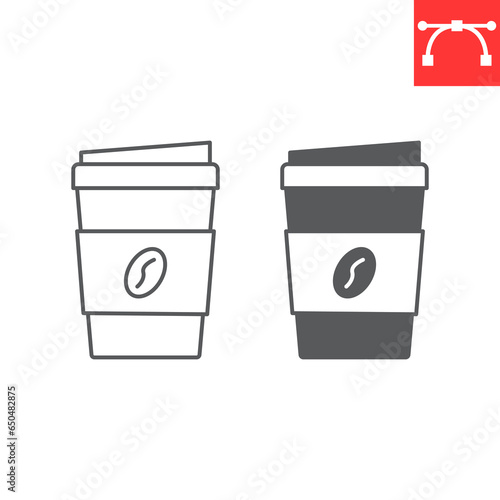 Coffee paper cup line and glyph icon, takeaway and drink, disposable coffee cup vector icon, vector graphics, editable stroke outline sign, eps 10.