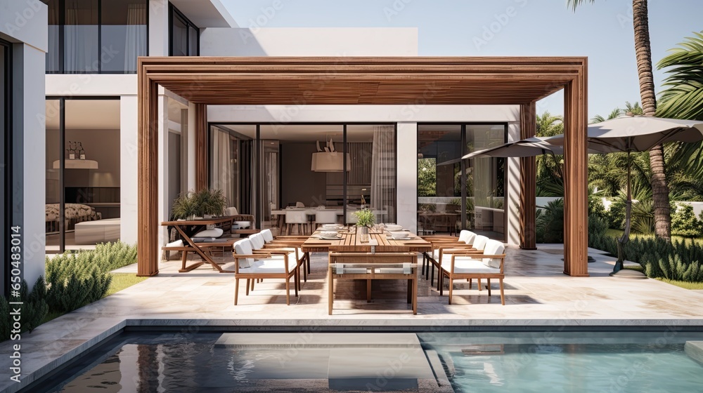 Fototapeta premium Luxury house with swimming pool, view from the terrace