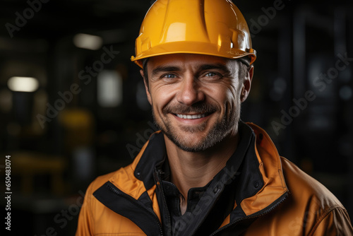 Smiling young male engineer with arms crossed and wearing yellow engineering safety helmet on factory background created with Generative AI Technology