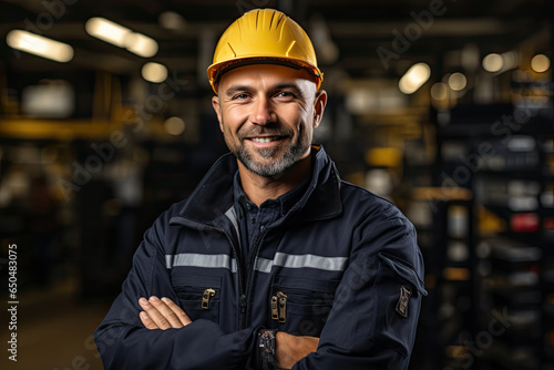Smiling young male engineer with arms crossed and wearing yellow engineering safety helmet on factory background created with Generative AI Technology photo