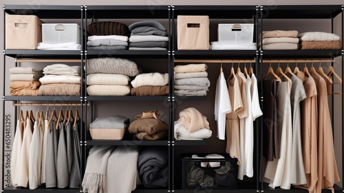 Closet and Wooden shelves with different clothes and accessories in room. Interior design