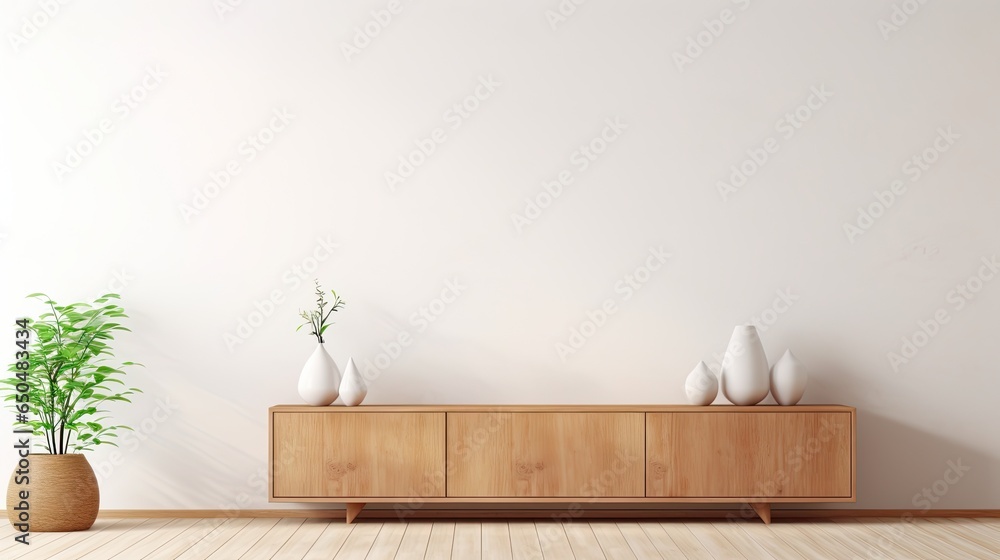 Interior of modern living room with wooden cabinet and vase - rendering - obrazy, fototapety, plakaty 