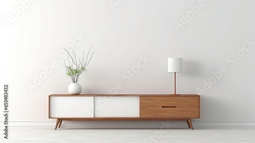 Interior of modern living room with wooden cabinet and vase - rendering